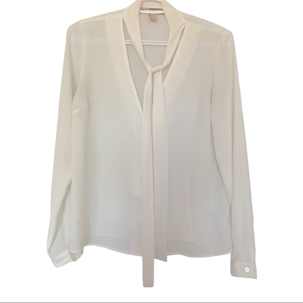 Forever 21 v neck sheer neck tie sash top white